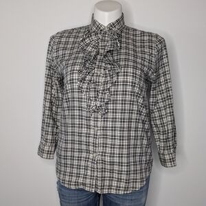 LRL Black White Plaid Ruffle Collared Cotton Long Sleeve Button Up L